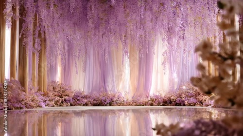 A stunning display of purple wisteria cascading over a reflective surface and floral arrangements