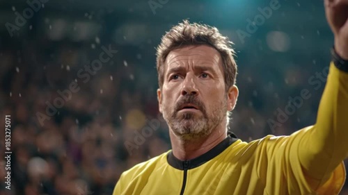 Tense referee showing yellow card in packed stadium during intense match