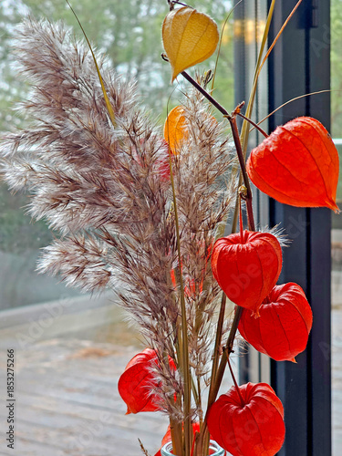 Autumn bouquet of physalis in vase on window sill
