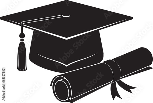 Black graduation cap and diploma with tassel and ribbon on white background also transparent background