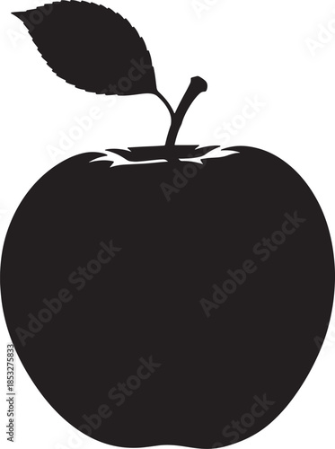 Black silhouette of an apple with a leaf and stem on a transparent background also transparent background