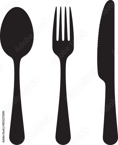Black Silhouettes of Spoon Fork and Knife on White Background also transparent background