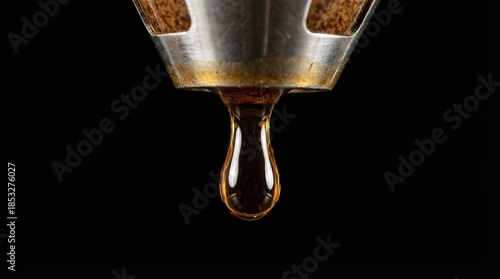 Coffee drop falling from a coffee machine during espresso making process. Delicious morning drink preparation concept.