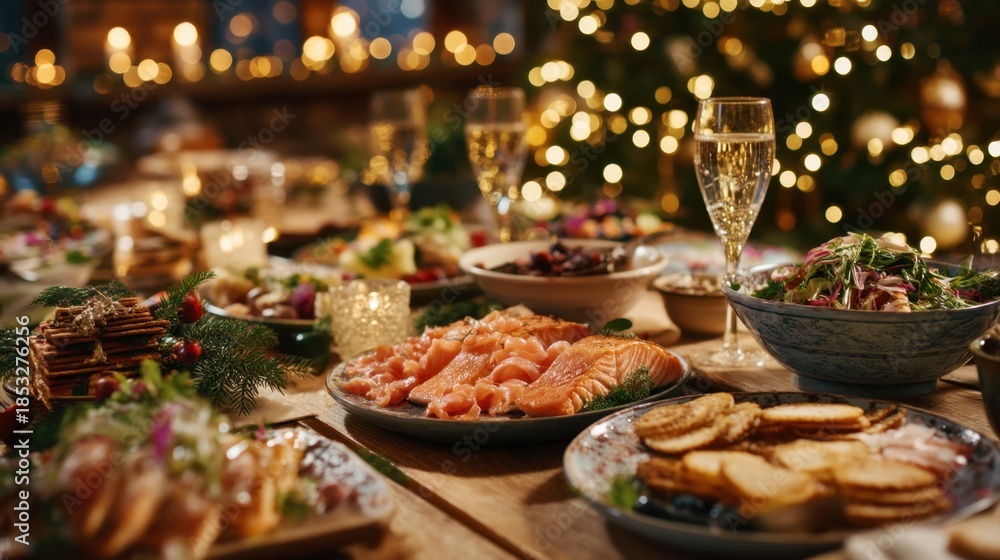 Fototapeta premium Several plates are filled with seafood salads and snacks. Glasses of sparkling drink are placed on the table. The setting is warm with holiday lights around a Christmas tree.