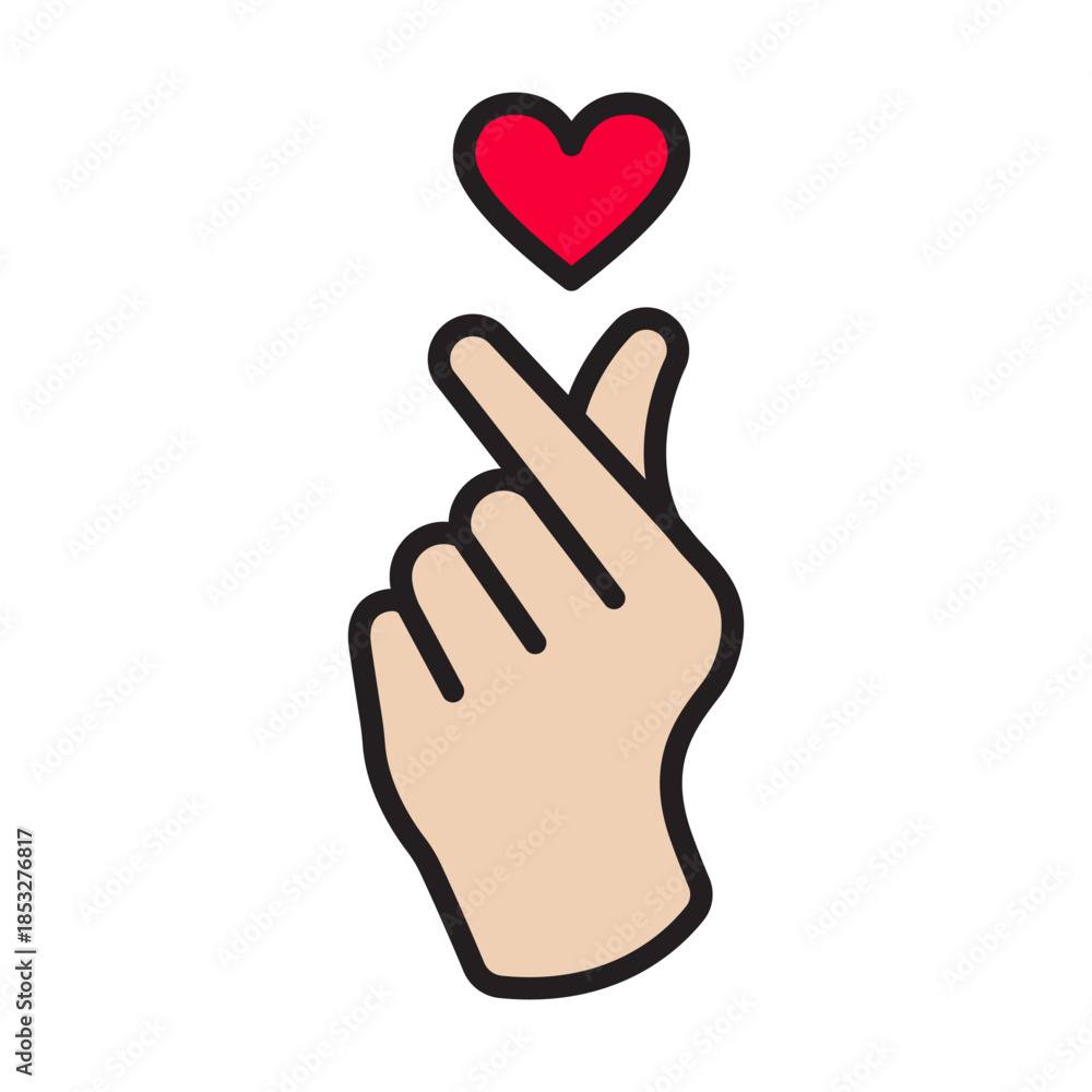 Fototapeta premium Editable linear icon of finger heart with color fill for Valentine’s Day. Cute K-pop inspired love gesture symbol for romance, dating, social media, apps, stickers, and holiday designs.
