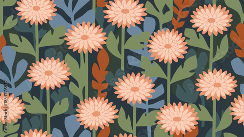 Seamless pattern of delicate orange gerbera daisies and lush green foliage on a deep navy background, a charming floral design