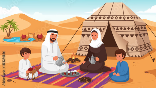 Bedouin Family Enjoying Tea and Dates in a Desert Oasis Tent Setting