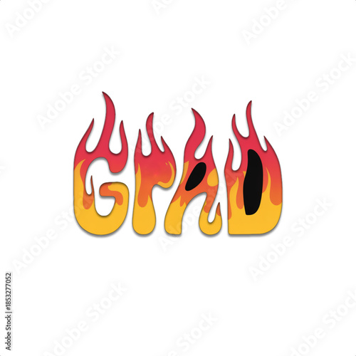 grad typography with flaming letters conveying graduation celebration success achievement milestone energy and youthful excitement on clean white background