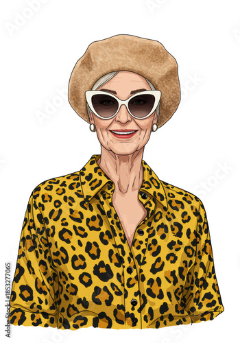 elderly caucasian woman, 68, in a leopard print silk blouse, beige wool beret, and vintage cat-eye sunglasses, posing confidently against a high-key white void. concept of senior fashion and elegance