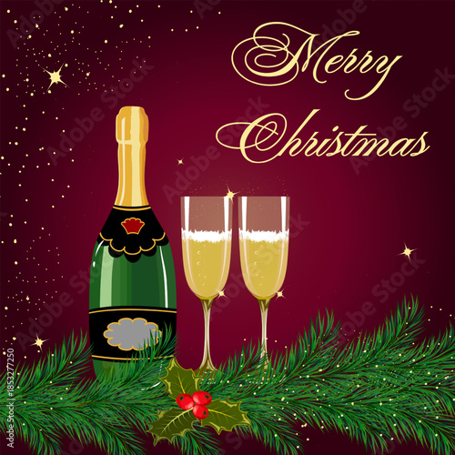 Festive Christmas spirit in a magnificent illustration.Vector illustration with a bottle and glasses in fir branches on a red background with golden confetti.
