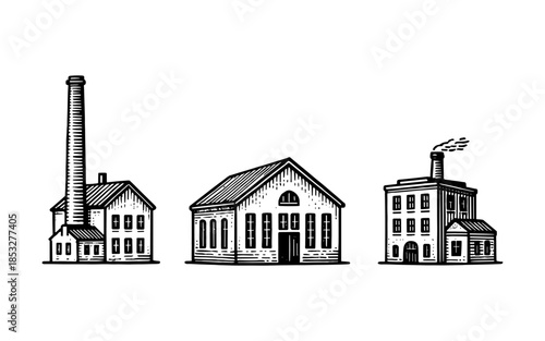 Vintage factory buildings: engraving style industrial architecture set