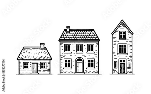 Charming rural homes: line art of three distinct house designs