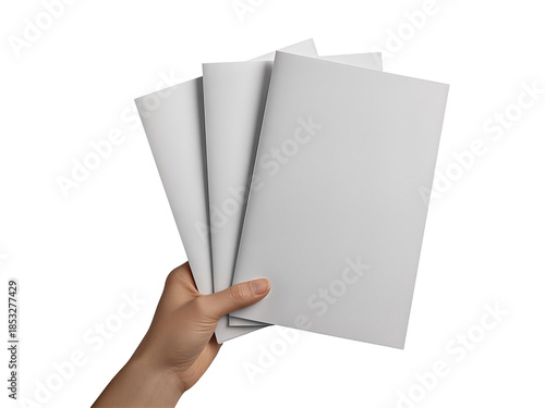 Blank White Brochures Held by Hand, White , Close-up Mock-up Isolated on transparent background and png