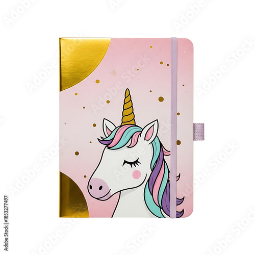 A beautifully designed unicorn notebook, adorned with gold accents. 