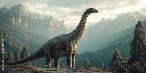 Qantassaurus roams a primeval landscape with mountains and forests in the prehistoric world
