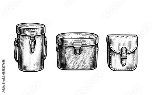 Vintage hand drawn camera bags collection with detailed sketch style