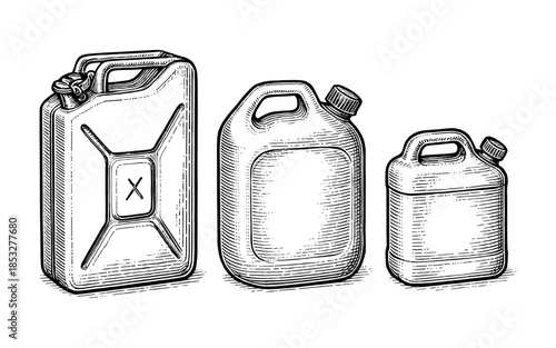 Hand-drawn fuel and oil containers in vintage style for industrial design