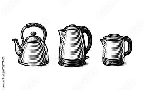 Vintage style engraving of three varied teapots in black and white