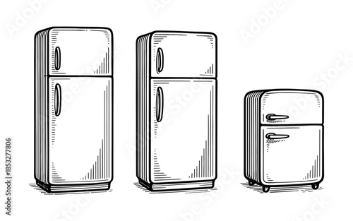 Retro fridge collection: hand drawn vintage refrigerators in monochrome style