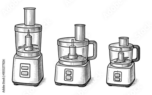 Set of three hand drawn food processors in vintage style