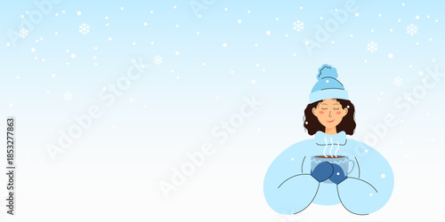 Winter illustration of a calm woman holding a warm mug in snowy weather. Cozy character in hat, gloves and sweater with falling snow and large copy space creates a peaceful seasonal mood for banners
