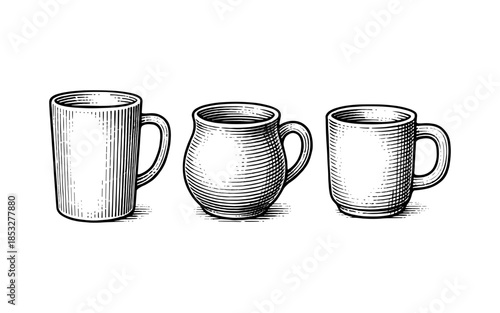 Set of three vintage hand drawn coffee mugs with detailed sketch lines