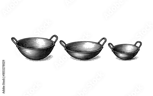 Set of three hand drawn vintage bowls in black and white