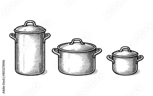 Vintage hand-drawn cooking pot collection: set of three detailed classic kitchenware design