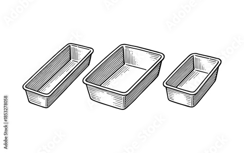 Hand drawn set of bread baking loaf pans in vintage style