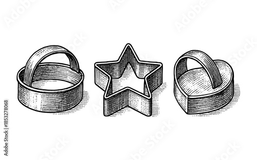 Hand-drawn baking molds: star, round, and heart-shaped cookie cutters in vintage style