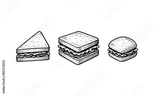 Hand drawn sandwich collection: triangle, square, and round variants