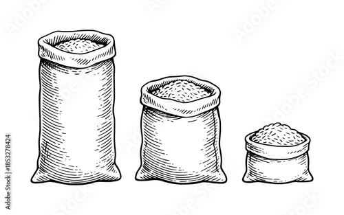 Hand drawn grain sacks of various sizes in vintage style