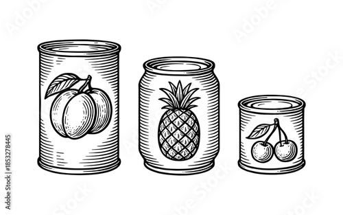 Hand drawn canned fruit: peach, pineapple, and cherry packaging design