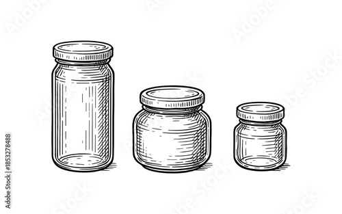 Hand drawn sketch of three empty jars in varying sizes
