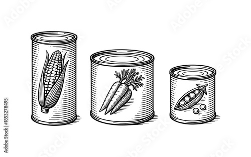 Engraved canned vegetables: corn, carrots, and peas in detailed etching style