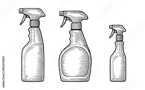 Vintage line art cleaning spray bottles in various sizes