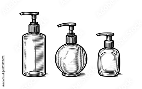 Hand drawn soap dispensers set in vintage style