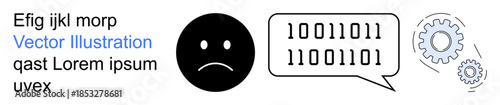 Digital communication, programming, problem-solving, coding issues, data encryption, artificial intelligence. A sad face, binary code speech bubble and gears. Digital communication and programming