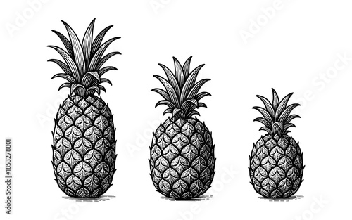 Engraved pineapple trio: detailed black and white retro art
