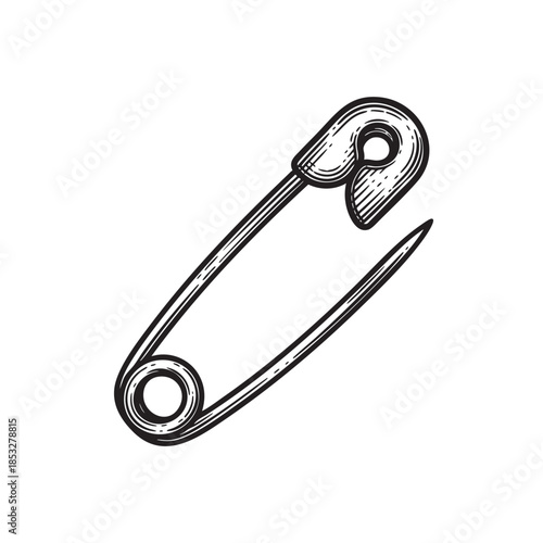 Vintage style black and white engraving of a single open safety pin, widely used for temporarily fastening fabric.