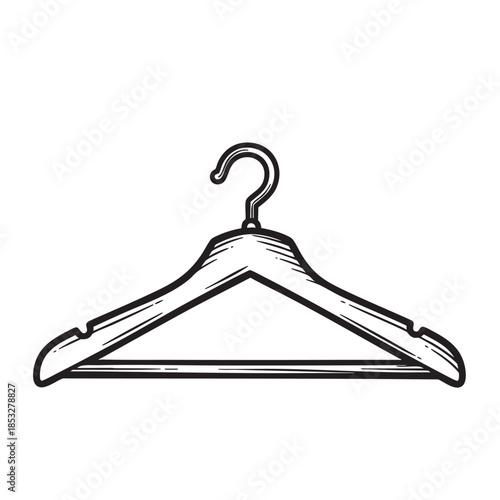 Engraved illustration of a simple wooden or plastic clothes hanger, essential for organizing and storing garments.