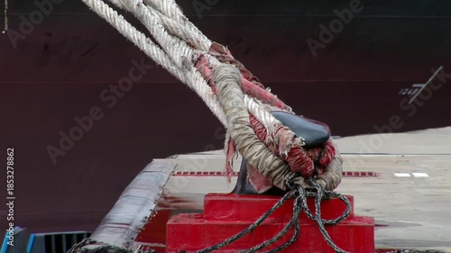 Mooring Hawser Tensioned on Bollard, Container Ship Berthing, Buenos Aires Port, Argentina - Close Up 