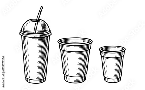 Detailed engraved style cups with lids and straw in various sizes
