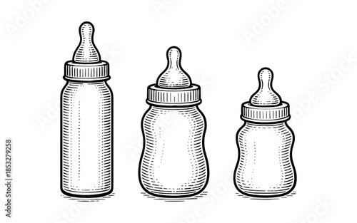 Vintage baby bottles in hand drawn black and white style