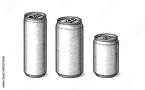 Hand drawn engraved style soda can set in monochrome