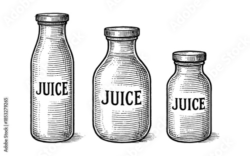 Vintage hand drawn juice bottles in black and white