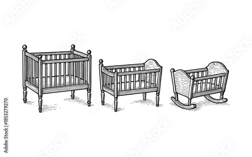 Vintage hand drawn baby cribs collection