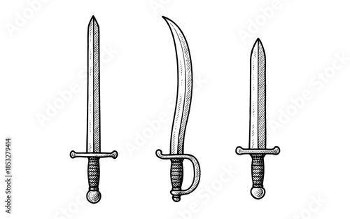 Hand drawn sword collection: vintage sketch of three historical blades