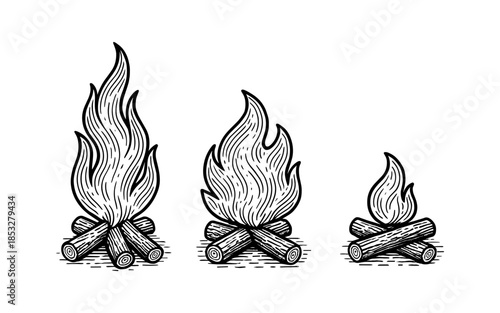 Set of hand-drawn campfire designs with logs in vintage style