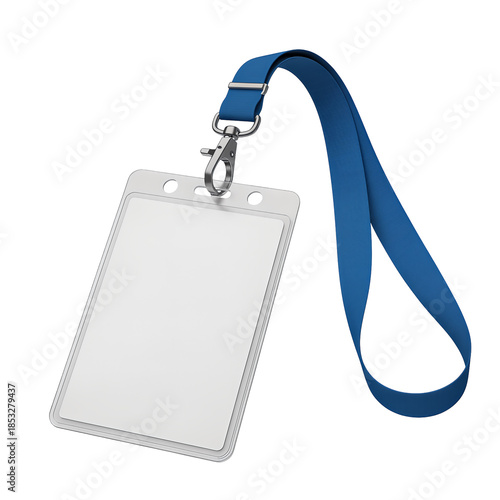 Blank Clear Plastic ID Card Holder with Blue Lanyard and Metal Clip White Isolated on transparent background, png